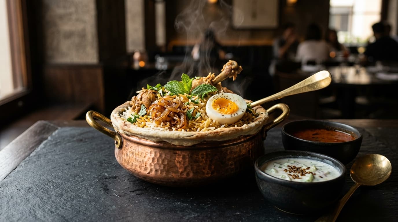 Gourmet wood-fired dum biryani in a hammered copper pot on dark slate with raita and salna