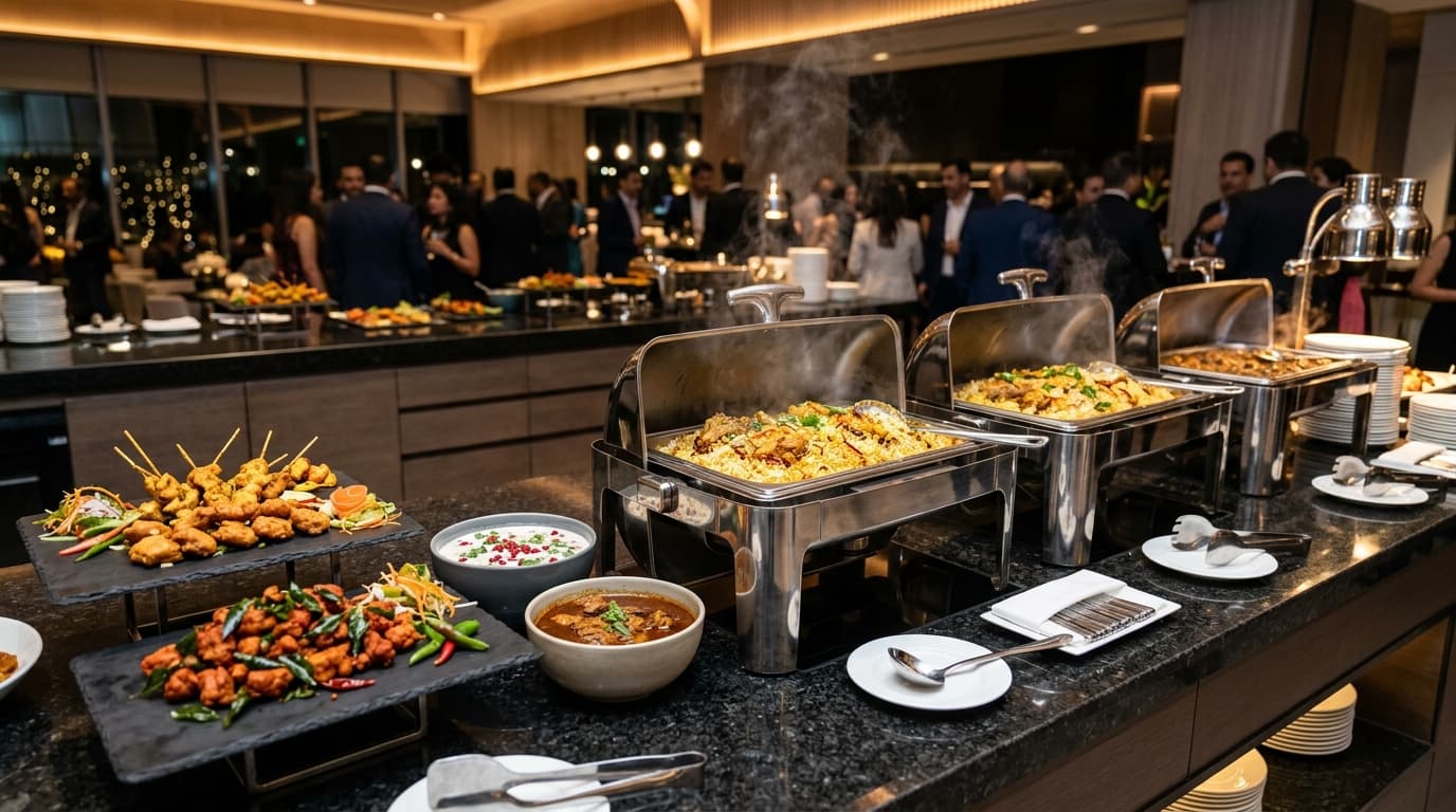 Modern luxury catering buffet with stainless steel warmers and gourmet biryani platters