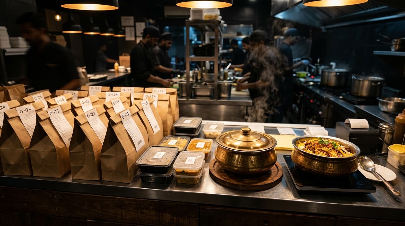 Freshly packed takeaway orders on a cloud kitchen pass counter ready for pickup