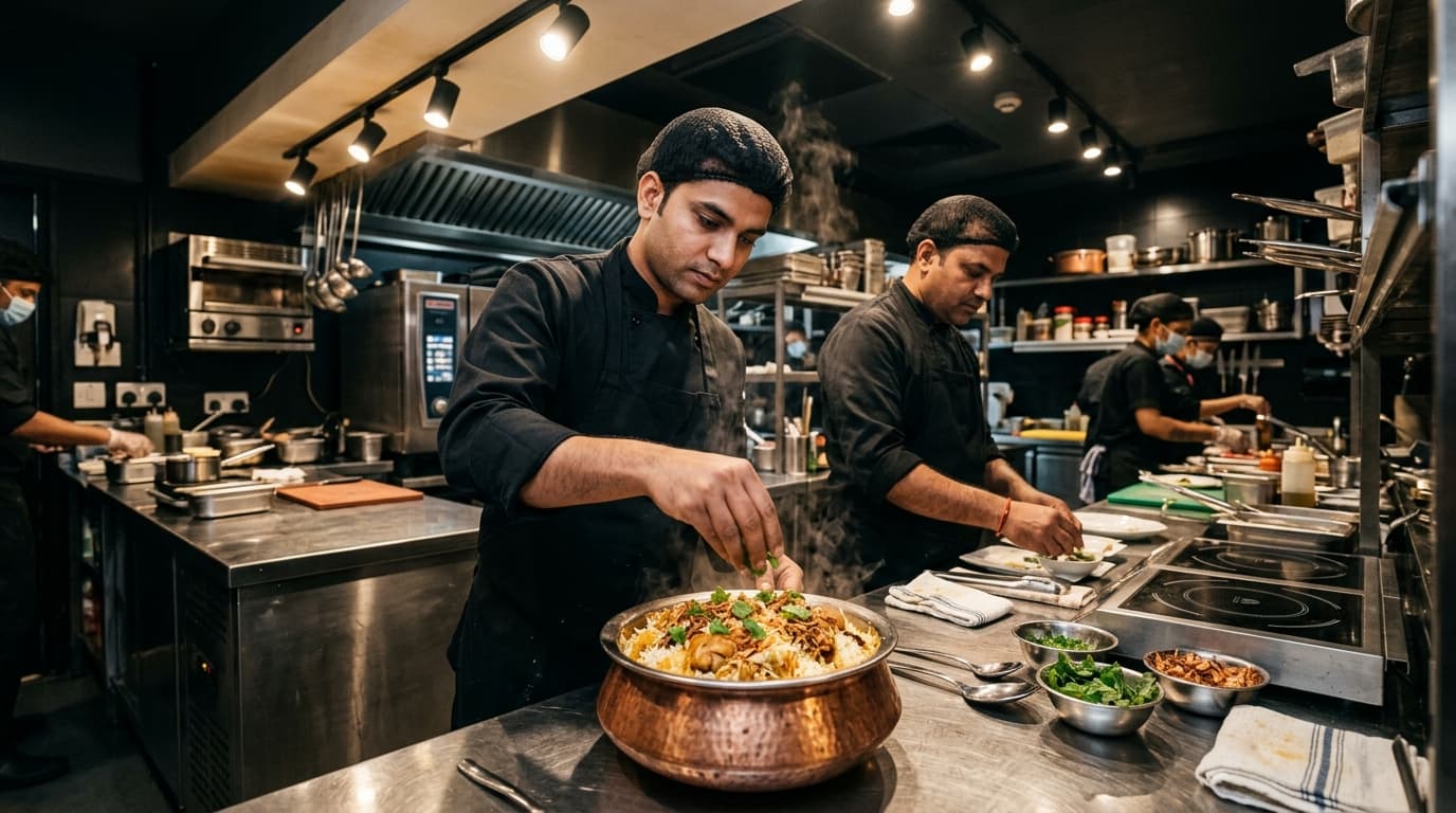 Professional chefs garnishing freshly cooked dum biryani in a state-of-the-art commercial kitchen