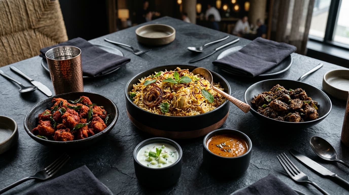 Contemporary South Indian dining spread with chicken dum biryani, chicken 65, and pepper chicken on dark slate